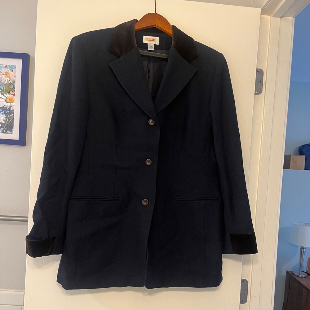 Talbots Navy Blue Wool Women’s Jacket With Brown collar sz 14